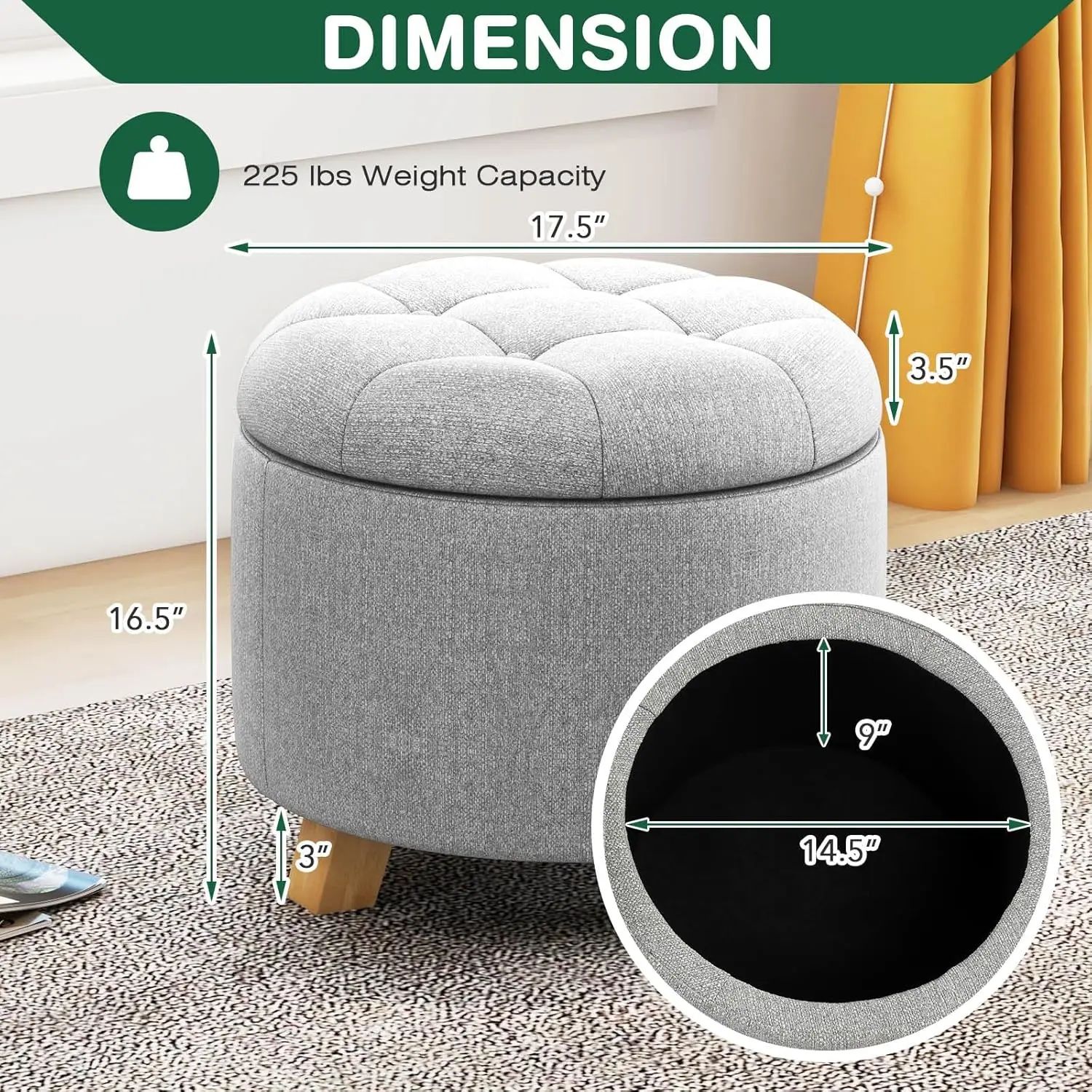 

Goflame Round Storage Ottoman With Removable Lid, Fabric Upholstered Ottoman With Solid Wood Legs, Modern Multifunctional Sofa