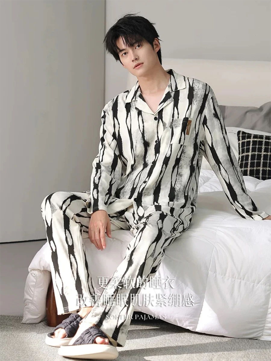 Pajamas for Men, Spring, Autumn and Winter Long-Sleeved New Simple Loose Home Clothes Set That Can Be Worn Outside for Men