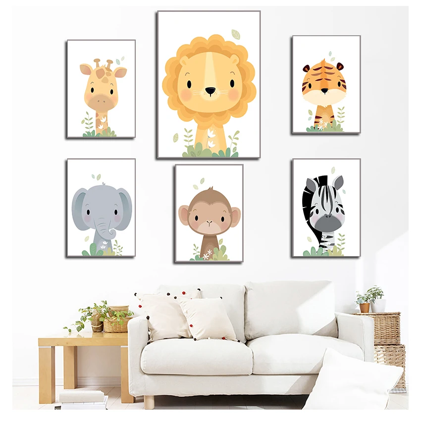 Affiche murale d'éléphant zèbre pour pépinière, peintures murales de Safari nordique, images murales pour chambre de bébé, décoration d'animaux de la Jungle, toile imprimée girafe