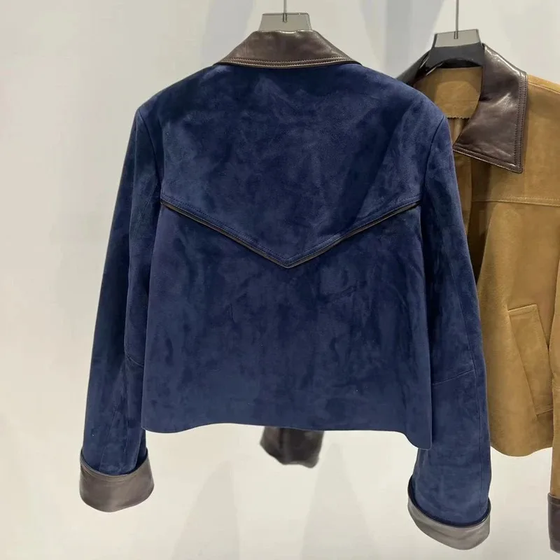 Veste en daim rétro importée pour femme, manteau en cuir contrasté, bleu marine, court, Locomotive, automne-hiver, 2025
