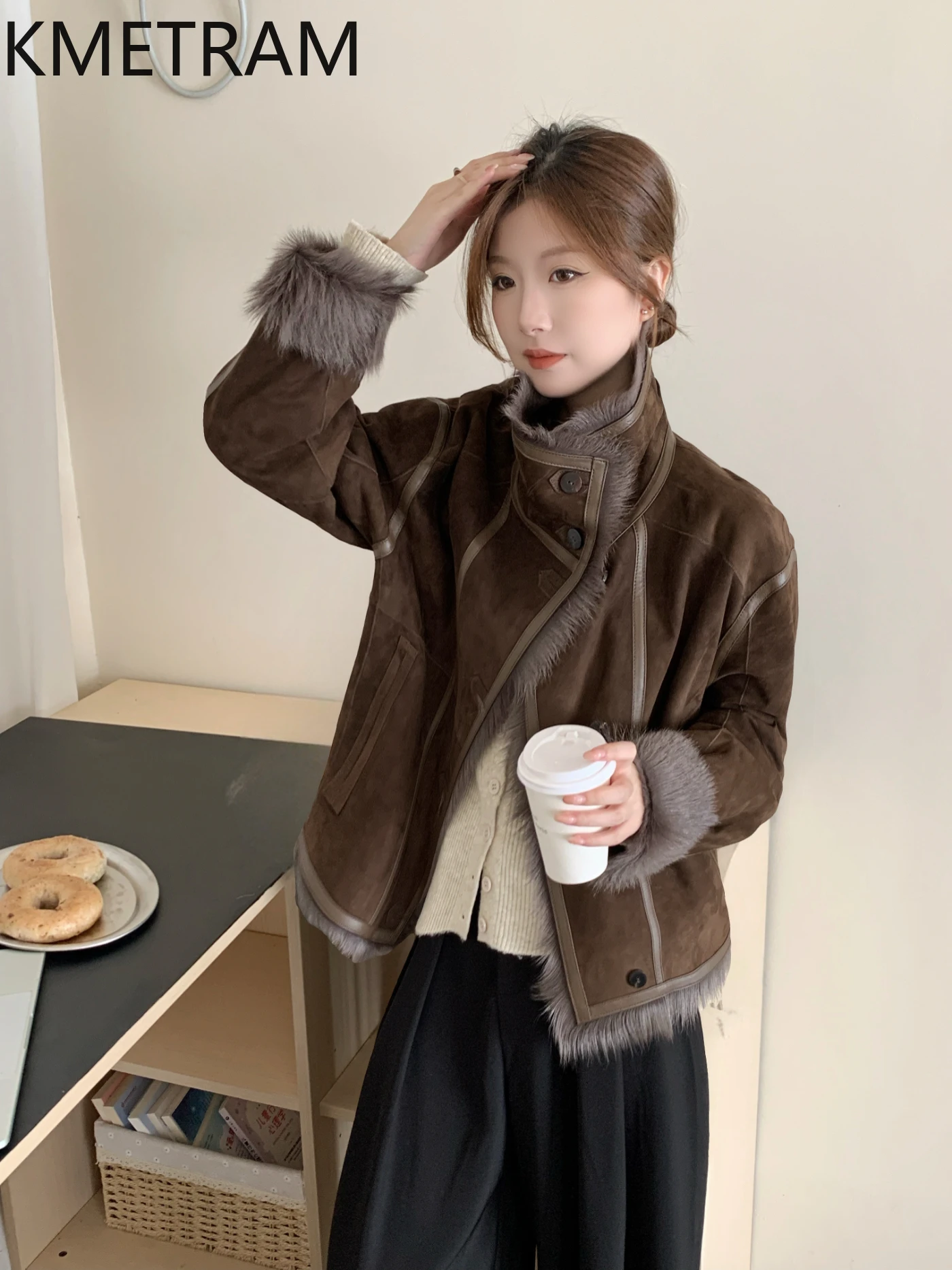 KMETRAM Naturalny płaszcz z naturalnej skóry koziej i owczej z wełną, luksusowy krótki płaszcz podróżny dla kobiet, zimowy 2025, fourrures femmes