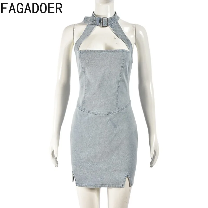 FAGADOERแฟชั่นHollow Out Denim Bodyconมินิชุดผู้หญิงHalterแขนกุดBacklessหญิงStreetwear Vestidos 2025