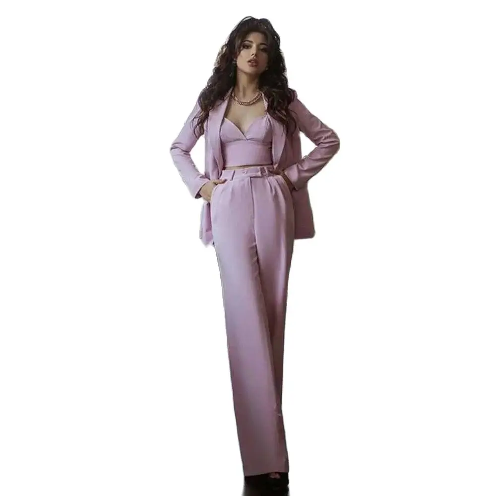 Sweet Elegant Pink Women Suit Notch Lapel 2 Piece Jacket Pants Female Clothing Slim Fit Formal Luxury Office Lady Blazer Set