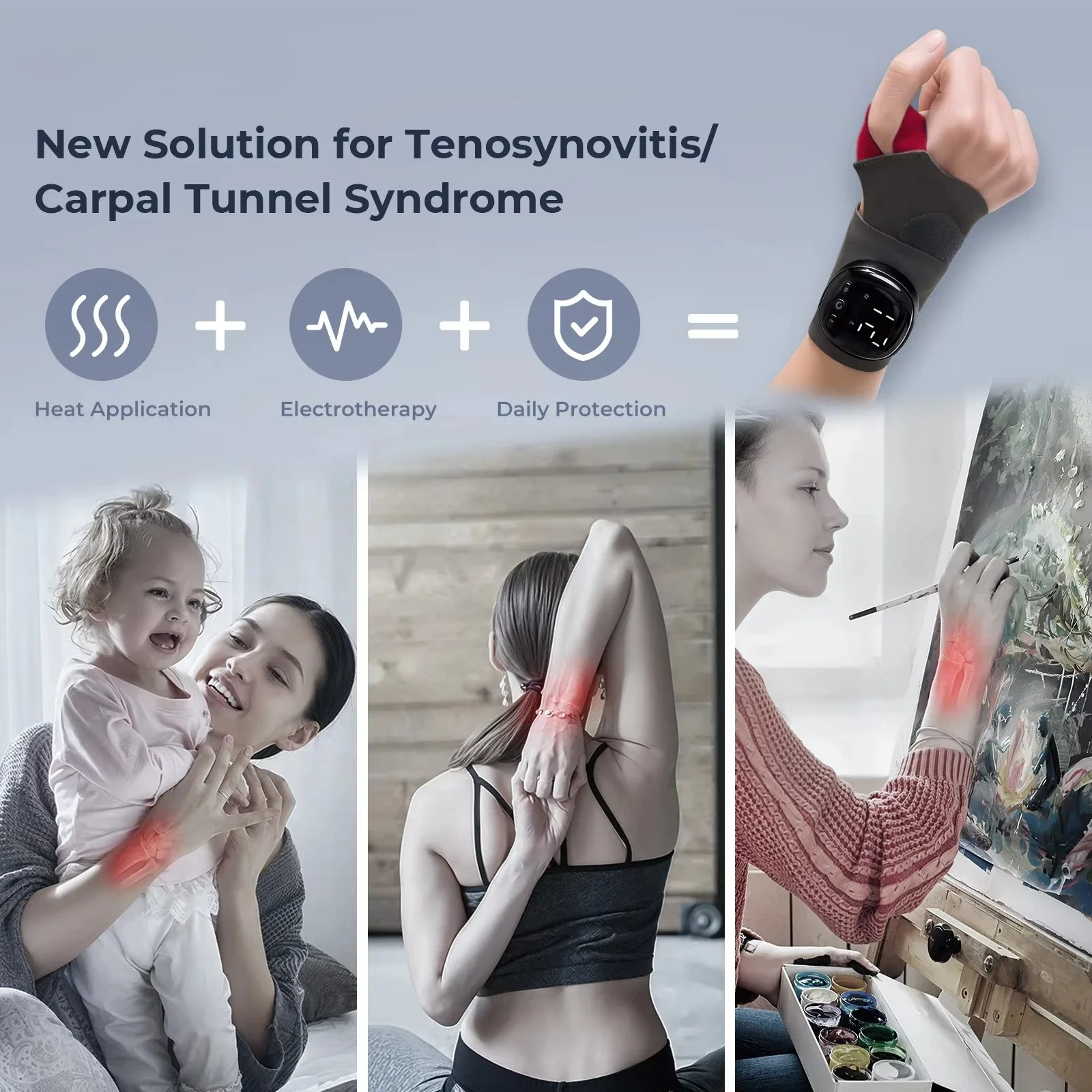 Portable Wireless EMS Heat  Wrist Massager, Pulse Compression Thumb Support Wrap 20-Min Timer for Carpal Tunnel Relief