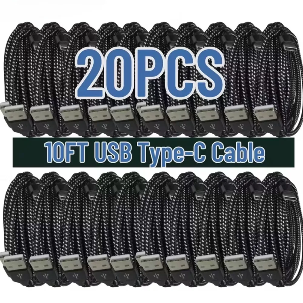 

20 шт. плетеных кабелей USB-C Type-C длиной 3 метра для быстрой зарядки и синхронизации данных, комплект, кабель для быстрой зарядки