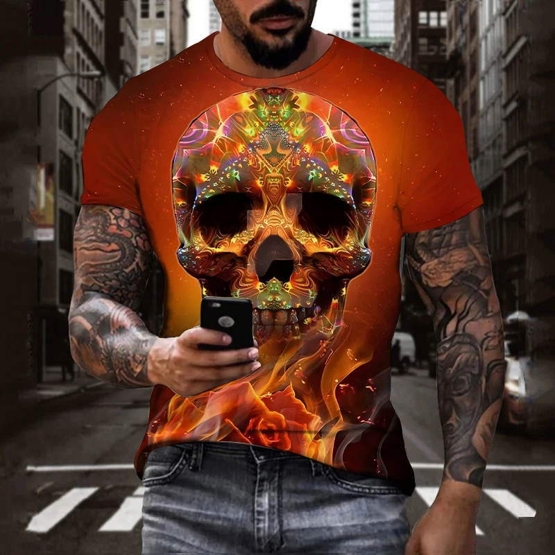 Horror Skull 3D Digital Pattern Print Mens Graphic T-shirts Causal Comfy Tees Short Sleeve Pullover Men Summer Outdoor Clothes