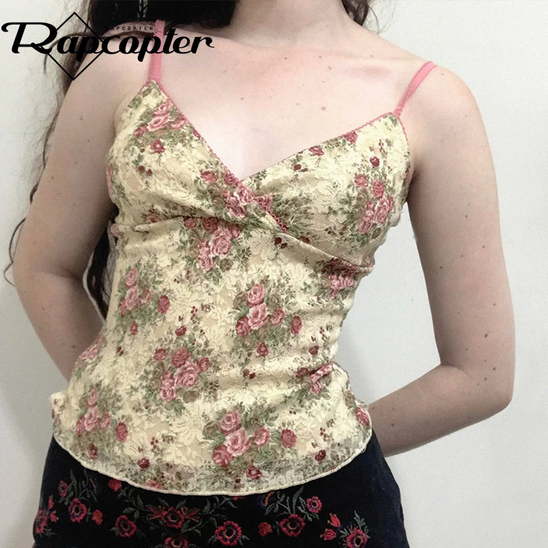 Rapcopter Floral Frill Mini Vest y2k V Neck Spaggetti Strap Camis Women Summer Vintage Crop Top Bohemian Cute Tee Lace Chic Tee