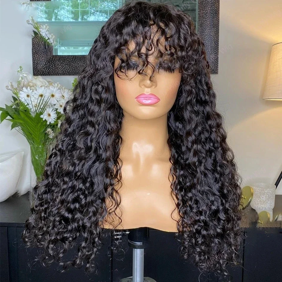 Black 180Density 26“ Long Glueless Kinky Curly Machine Wig with Bangs For Black Women BabyHair Natural Hairline Heat Resistant