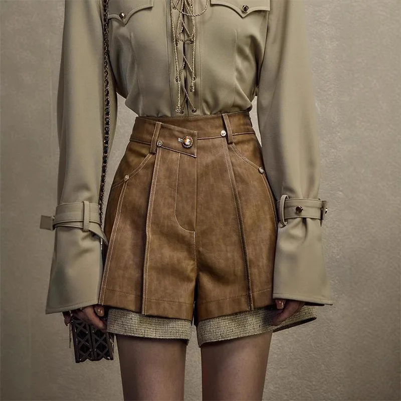 Vintage Spliced Leather Casual Commuter Locomotive Ladies Elastic Waist Shorts