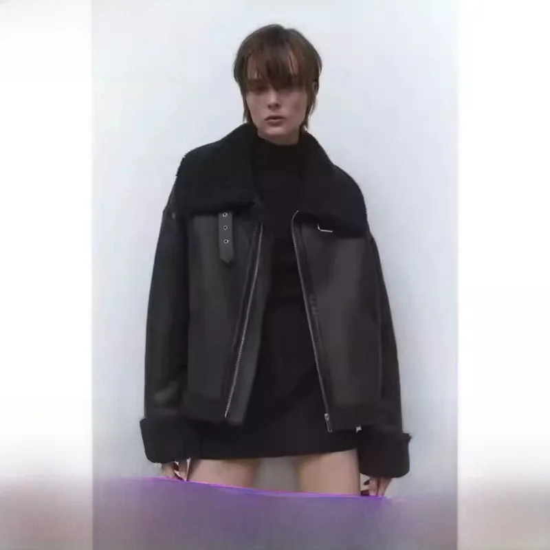 

Double-Sided Bla Motorcycle Sle Jaet 2023 Autumn New Women's Inteated Leather Fur Coat Casual Commute Loose Fit Long ...