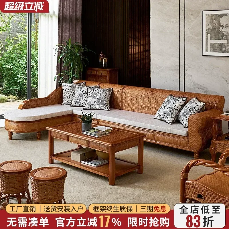 5 Piece Rattan Sofa Set Solid Wood Frame Wicker Patio Furniture Outdoor Living Room Garden Conversation Seating Group Durable