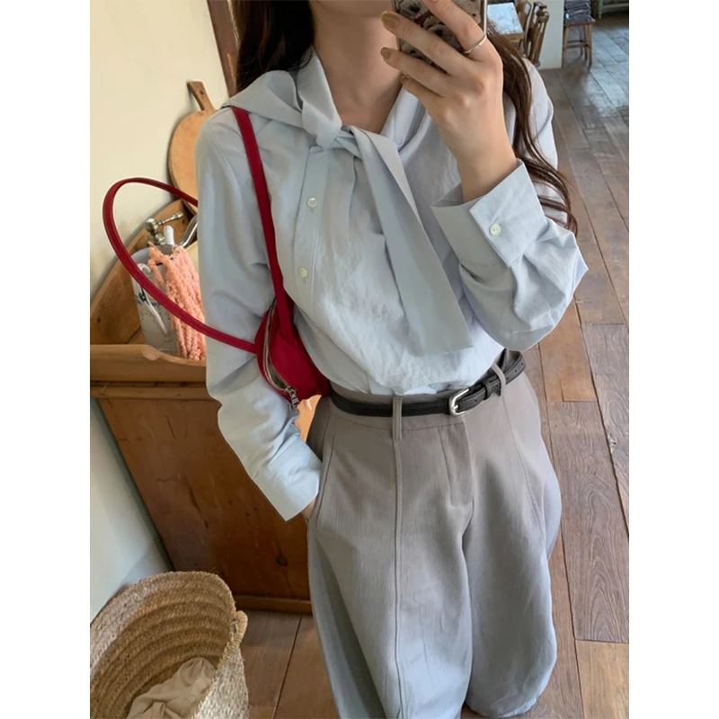 

MEXZT Elegant Lace Up Shirts Women Fashion Streetwear Long Sleeve Blouses Office Ladies Korean Buttons Design Loose Casual Tops