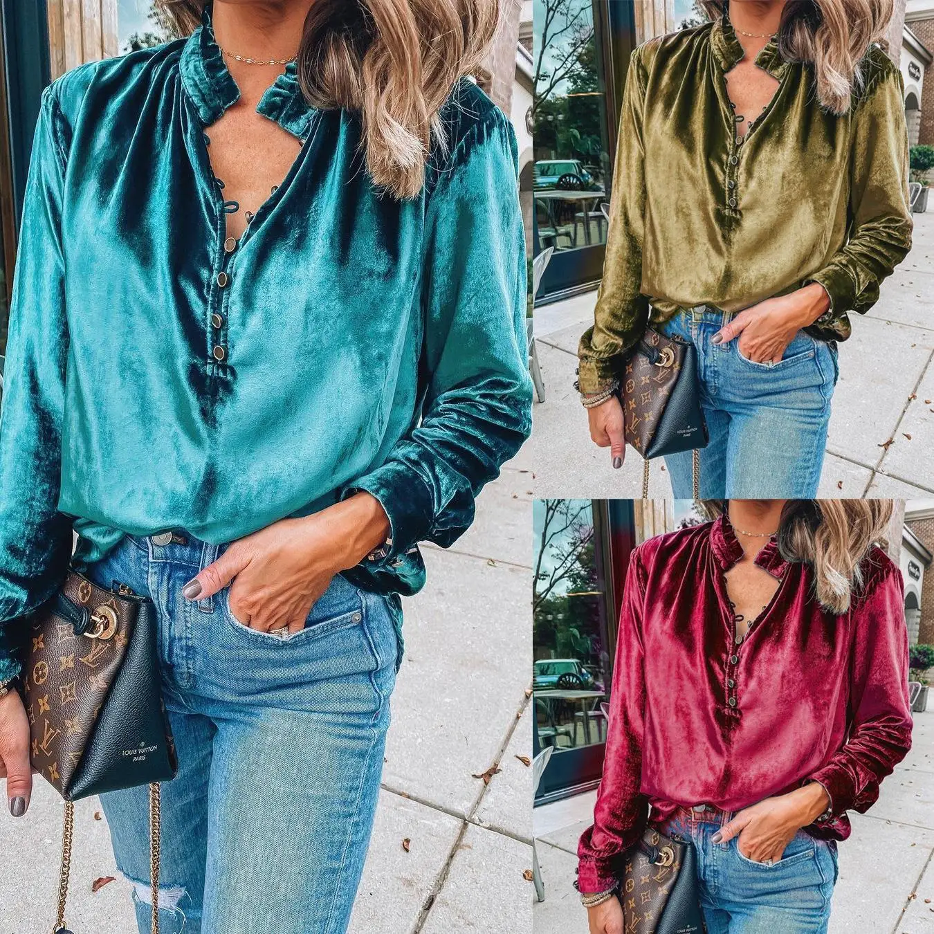 

Золотистая бархатная блузка с длинным рукавом для женщин: элегантный топ для вечеринок с эффектным цветовым блоком, модная женская премиум-блузка