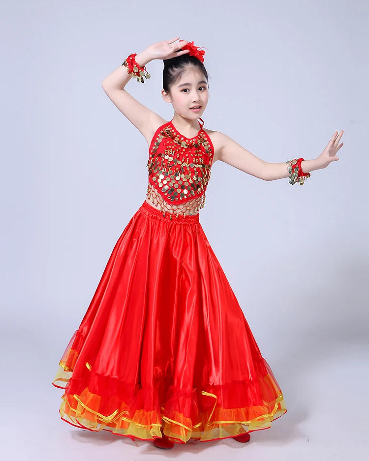 Girls Show Dance Dress Flamenco Spanish Gypsy Skirt Chorus Stage Performance Dresses for Girl Belly Spain Costume Kids 100-150cm