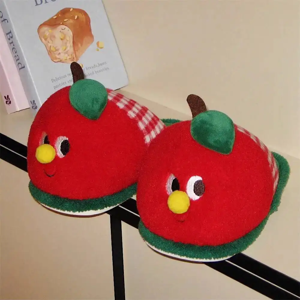 

Women Indoor Household Furry Cotton Slippers Women's Cute Red Apple Design Winter Indoor Home Slippers Anti-Slip Shoes