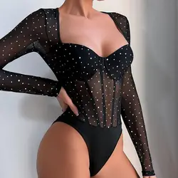 Body Sexy con lentejuelas para mujer, mono ajustado elástico de manga larga, ropa moldeadora de una pieza, trajes Bodyshaper para club nocturno