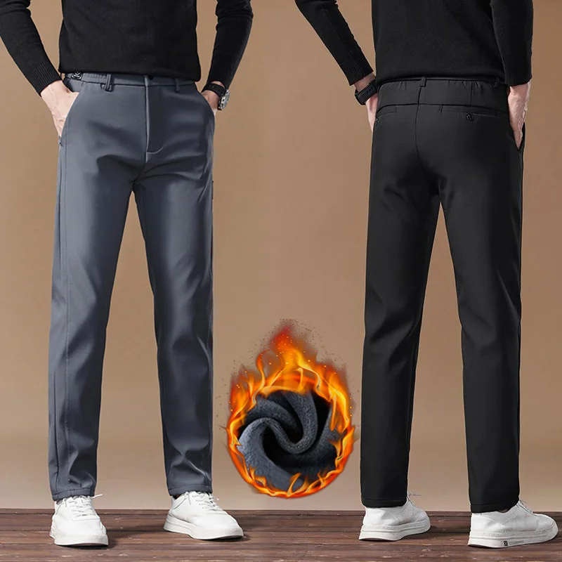 

Winter Warm Fleece Casual Pants Men Slim Grey Black Korea Work Elastic Waistband Classic Outdoors Trousers Male 28-38