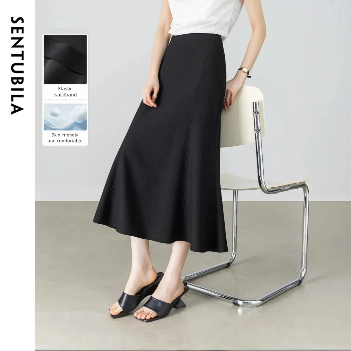 

SENTUBILA Women's Black Skirt 2026 Summer Elegant Fashion Elastic High Waist Midi Mermaid Skirt for Woman Clothing W62QH6854