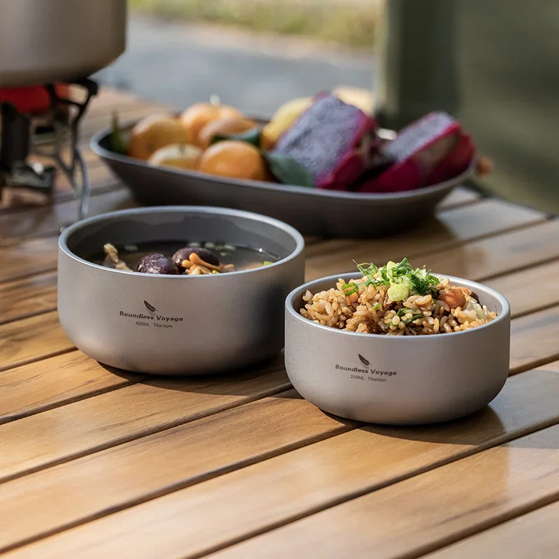 Double-Deck Anti-Scalding Titanium Bowls, Portable Tableware, Outdoor Camping, Adult and Children, Resistance to Falling