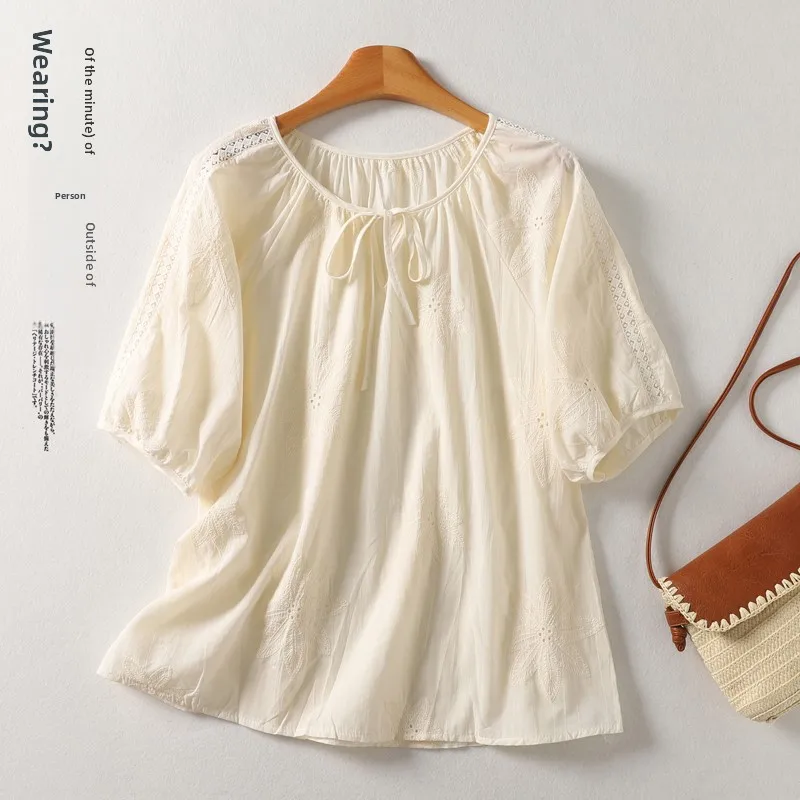 

Casual Cotton Linen irt Women's Loose Fit Top with Bowtie Embroidery Versatile Summer T-irt Ele Artistic Sle