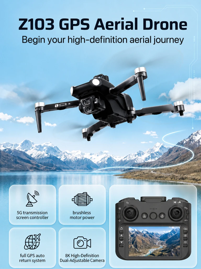 Z103 GPS Drone With Screen Remote Professional Security UAV 8K HR Dual Camera 360° Obstacle Avoidance Brushless Motor Foldable