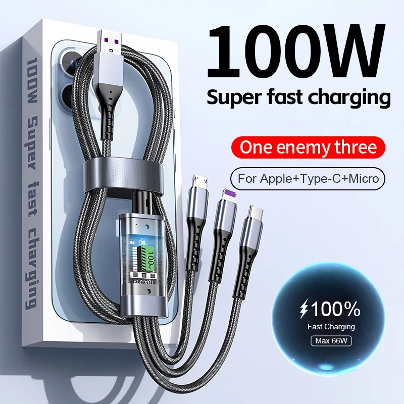 100w 3 In 1 Transparent Fast Charging Cable Type C Usb Micro For iPhone Samsung Huawei Xiaomi Pilot Lamp Charger Usb C 6A