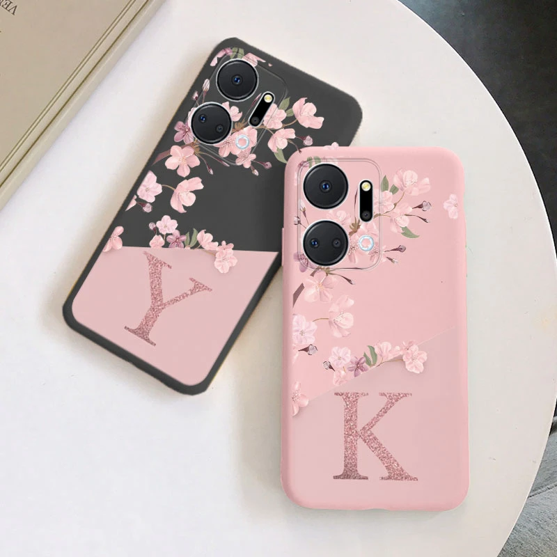 For Honor X7A Case Stylish Letters Soft Silicone Cover Beautiful Cherry Flower Initial Alphabet Fundas For Honor X 7A HonorX7a