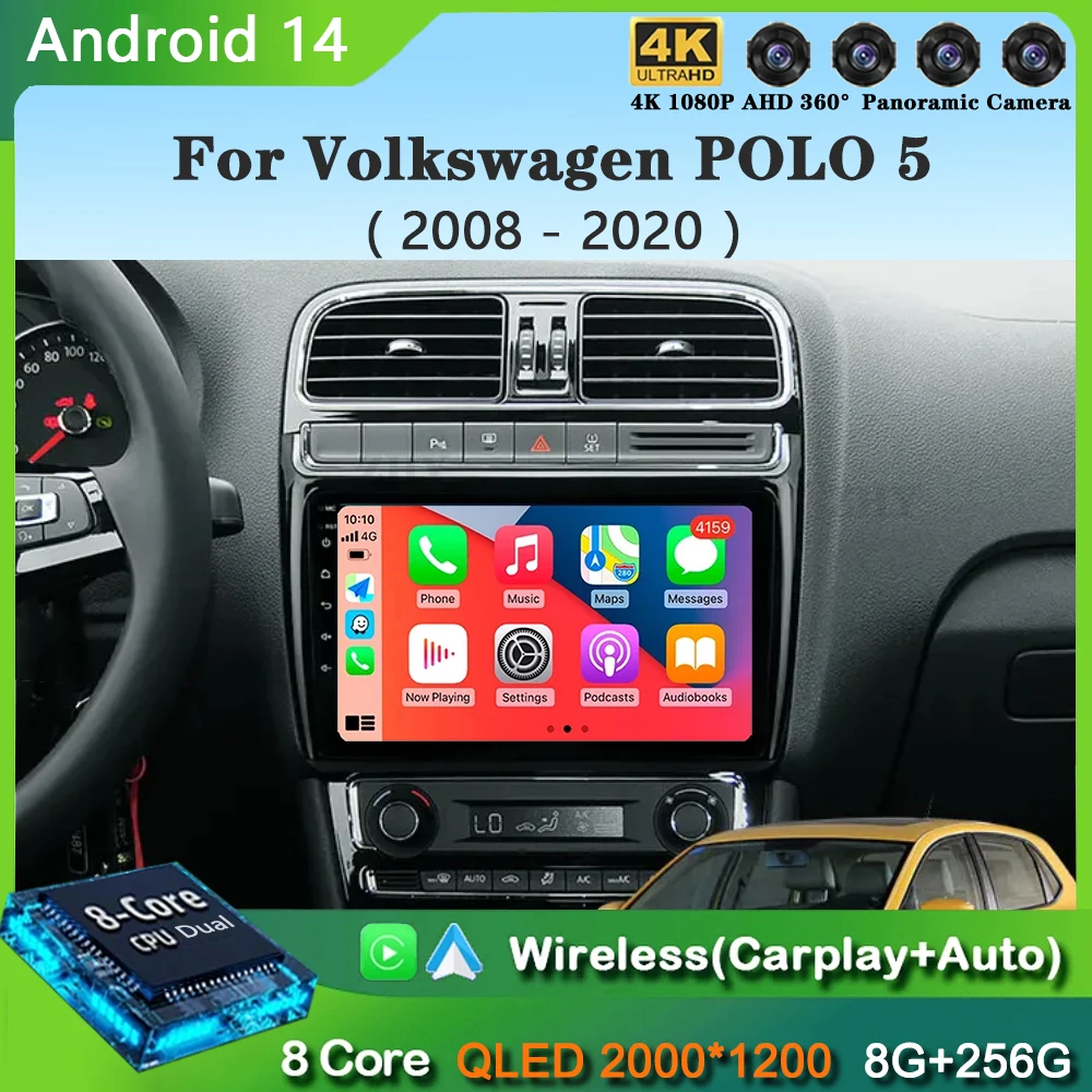 Android 14 Multimedia Video Player For VW Volkswagen POLO 5 2008-2020 Vento Carplay Android 13 Auto Car Radio stereo WIFI+4G GPS