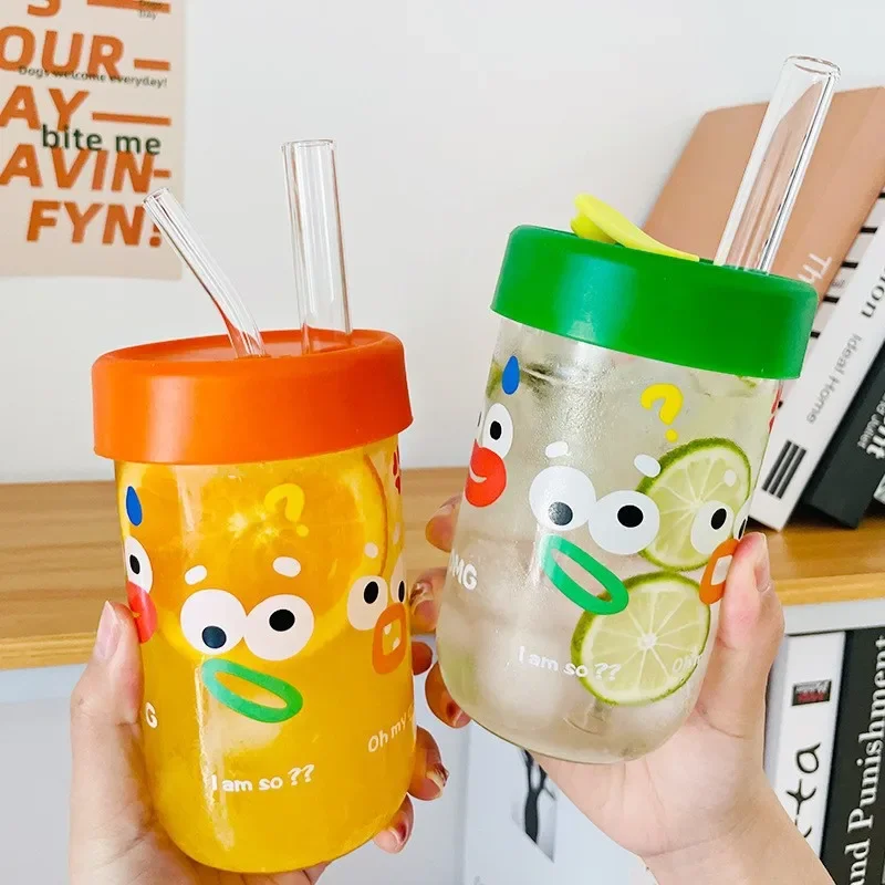 550ml Cute Kawaii Glasses With Lid and Straw Bubble Tea Cup Glass Cups For Coffee Mug Juice Can Milk Mocha Water Cup Drinkware