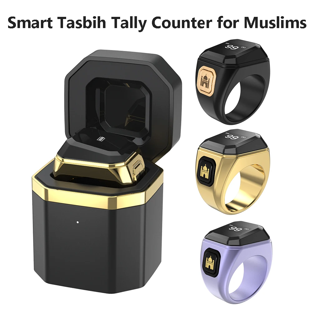 

Electronic Digital 5 Prayer Time Finger Ring Counters Clicker with OLED Display ,Bluetooth Tallyand charging box for Muslims