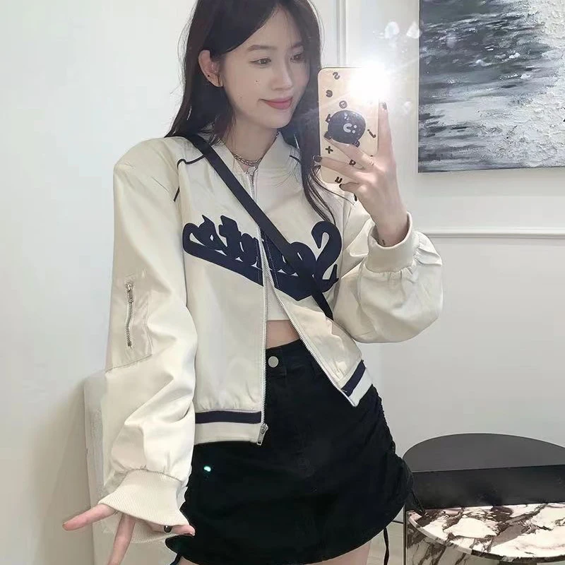 Gidyq Letter Embroidery Baseball Jacket Women Fashion All Match Cropped Outerwear Harajuku Zipper Female Streetwear Thin Coat