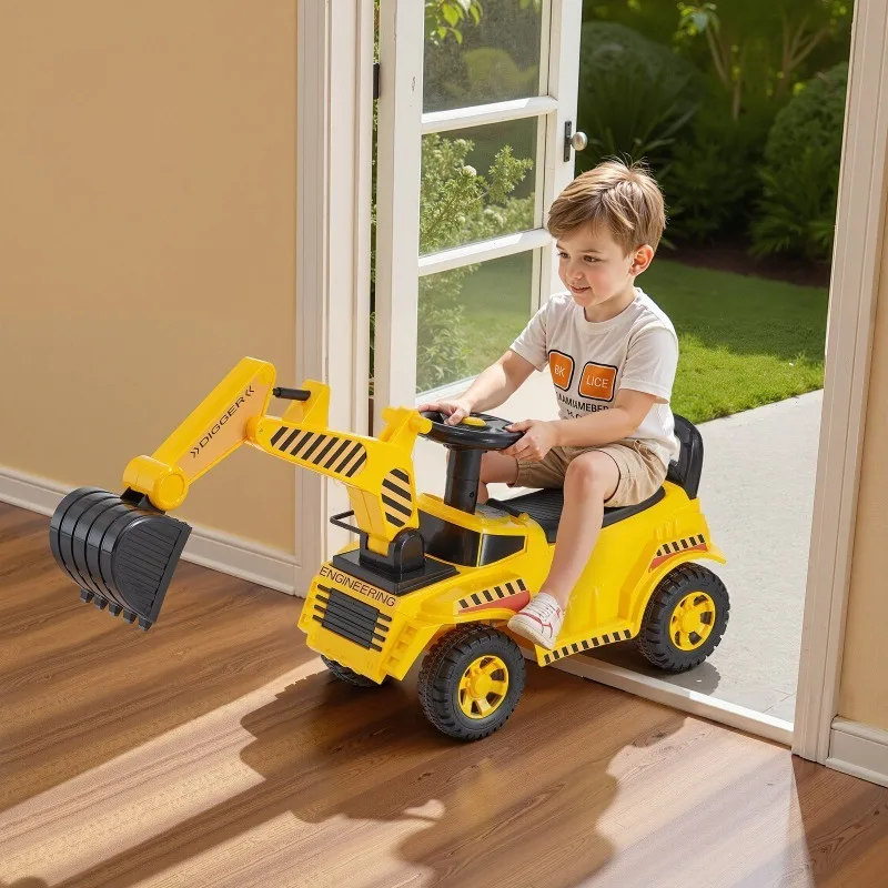 Excavadora para niños pequeños, coche de empuje, casco musical de 19 a 36 meses, carga de 55 libras, andador de pie a piso, juguete excavador seguro para niños, amarillo