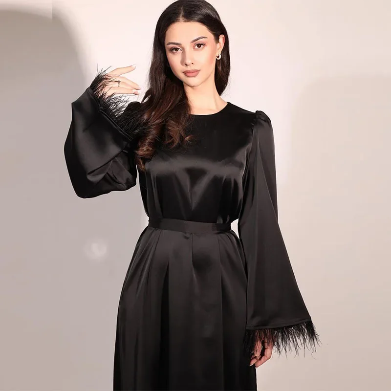 Frauen Feder Manschette Schnür Mode Party kleid hohe Taille Satin Kleider für Frauen O-Ausschnitt Sommer langes Kleid Vestidos Para Grados