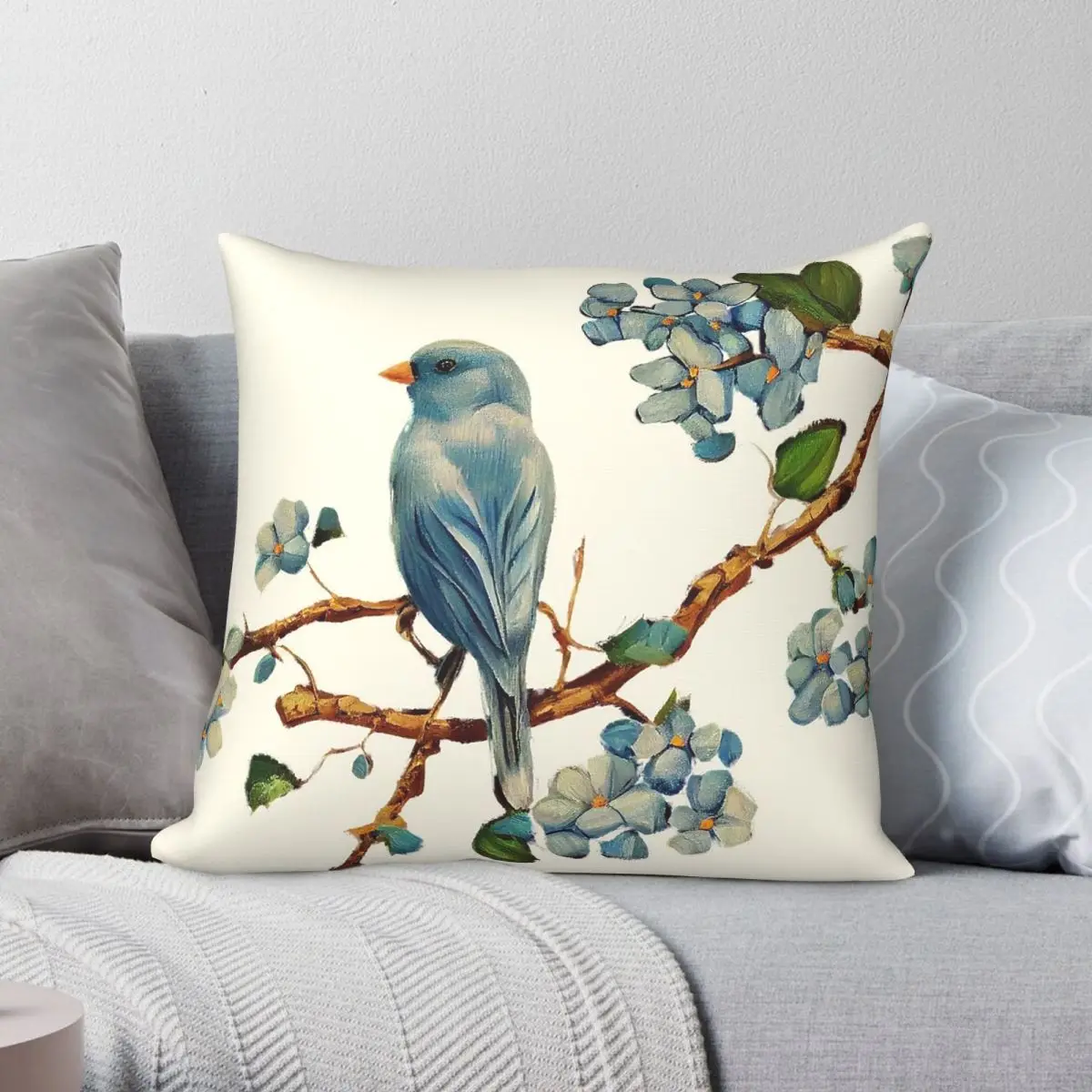 Bird On A Tree Branch Square Pillowcase Polyester Linen Velvet Creative Zip Decorative Pillow Case Sofa Cushion Cover