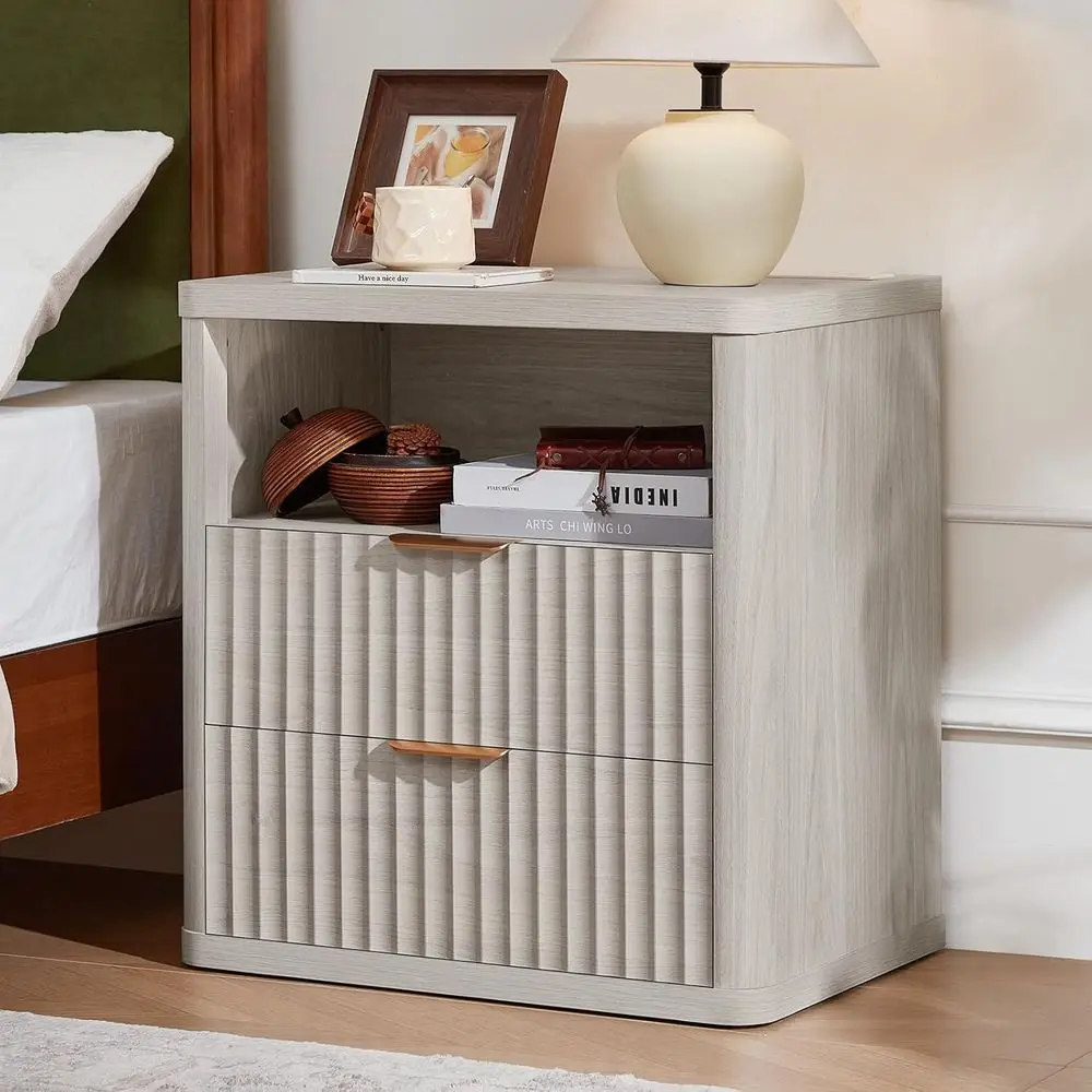 

23 Wide Light Grey Nightstand with Charging Station and Open Storage for Bedroom, Living Room, and Closet
