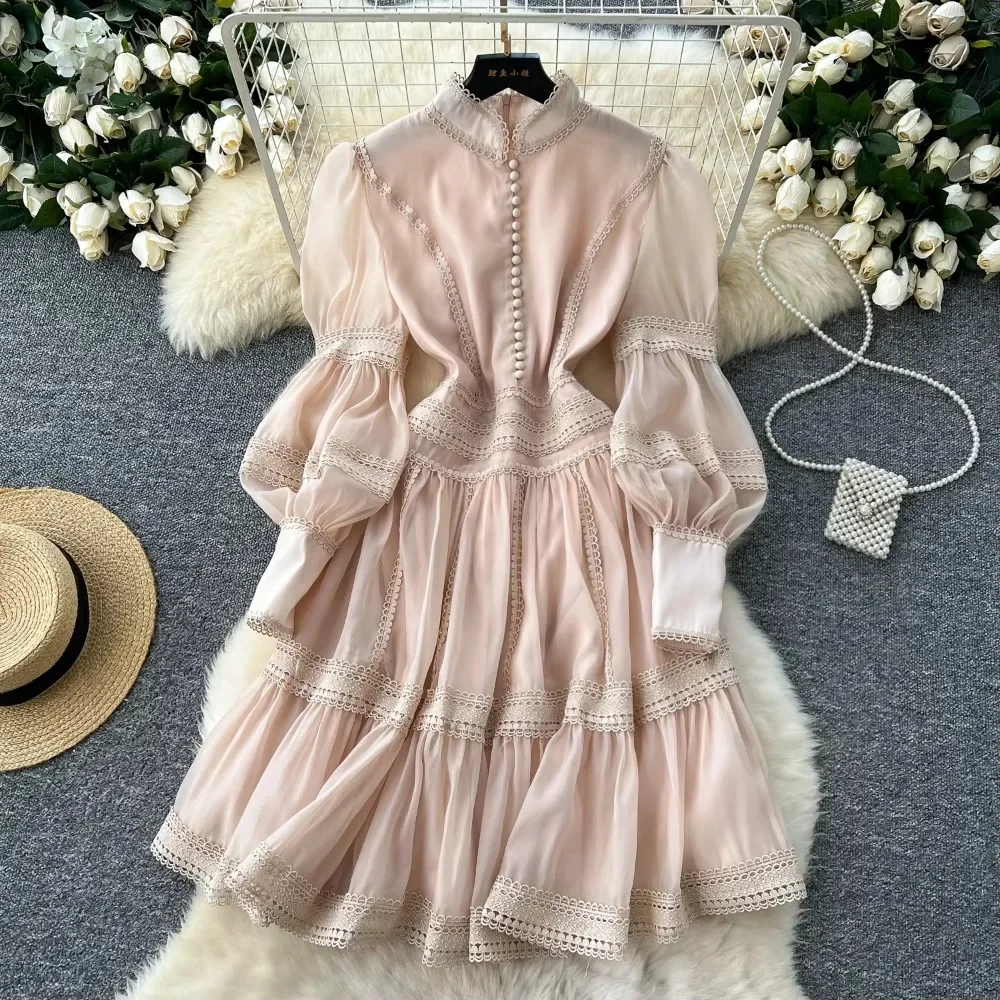 Elegant Stand Neck Vintage Long Lantern Sleeve Chic Lace Spliced Mesh Slim A-line Dress French Autumn Women High Street Clothing