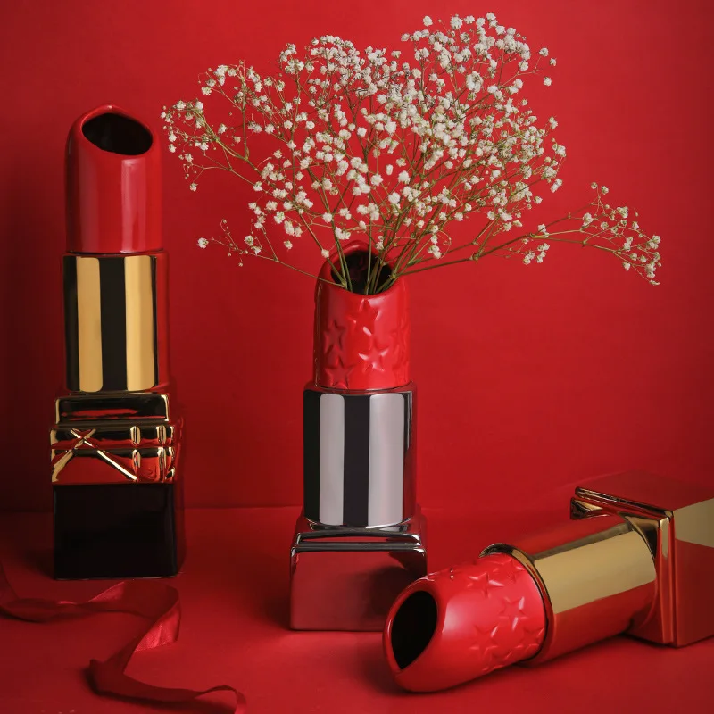 High-end INS-style Flower Arranging Vase Plated with Gold and Lipstick Ceramic Ornaments Nordic Home Decoration Ornaments Vase