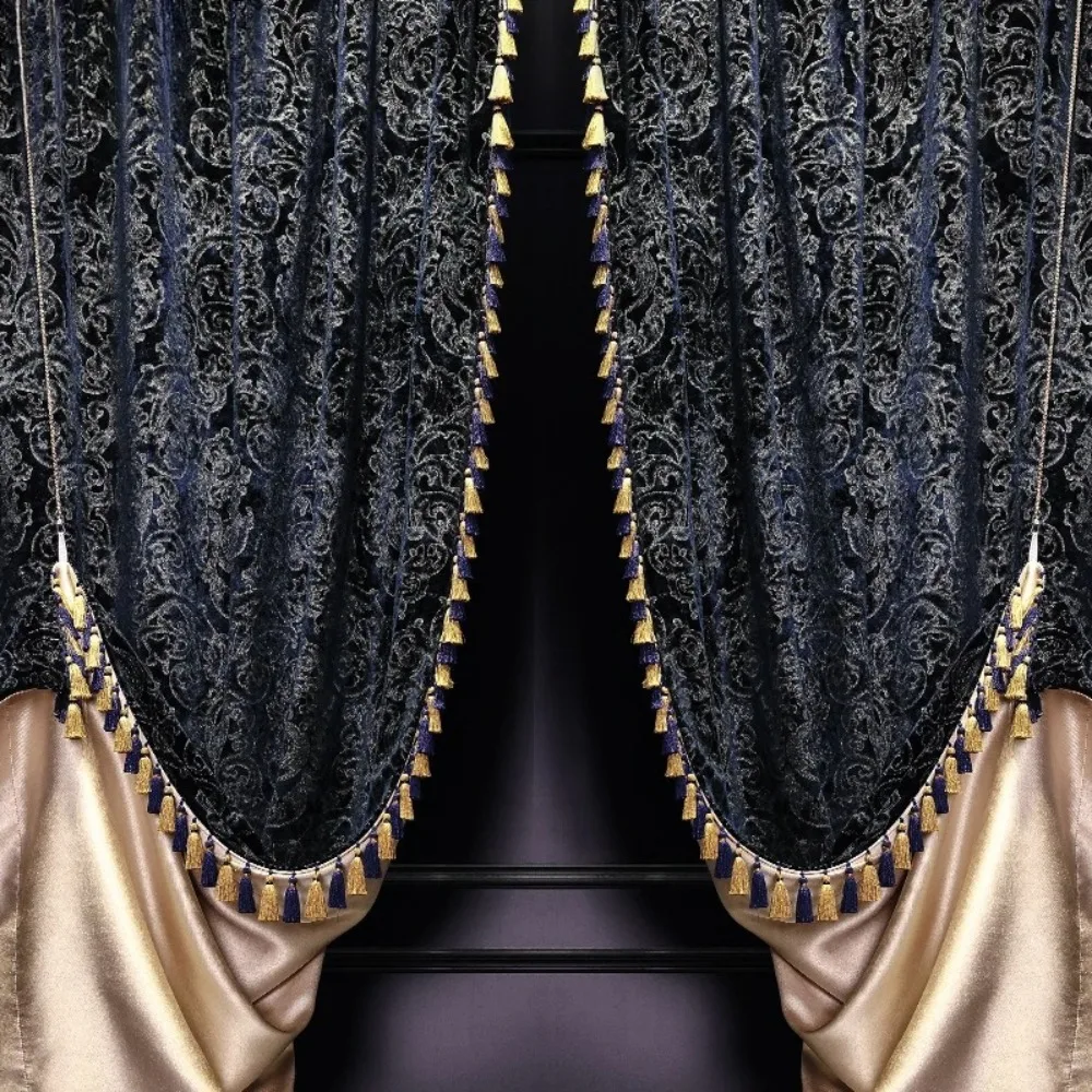 French luxury blue velvet curtains for living room cloth gold luxury curtains American high-end villa European custom size