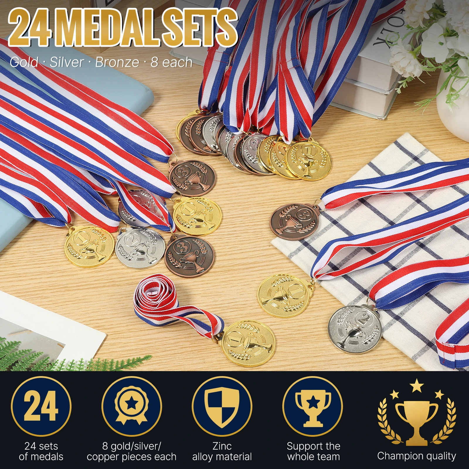 24 Stück Zinklegierungs-Auszeichnungsmedaillen in Gold, Silber und Bronze, 1., 2. und 3. Platz-Preise, Siegermedaillen für Sportveranstaltungen und Schulpreise – Detail 1