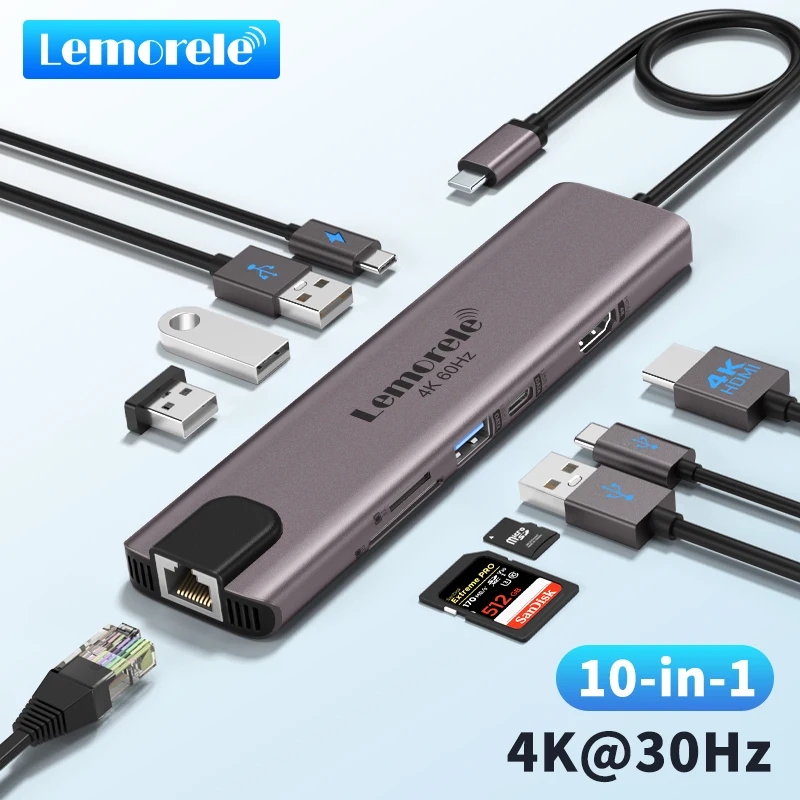 Lemorele TC46 USB C HUB 10 Ports HDMI 4K 60Hz USB c Hub  UAB 3.0 RJ45 1000Mbps With PD100W SD/TF For Macbook Laptop Accessories