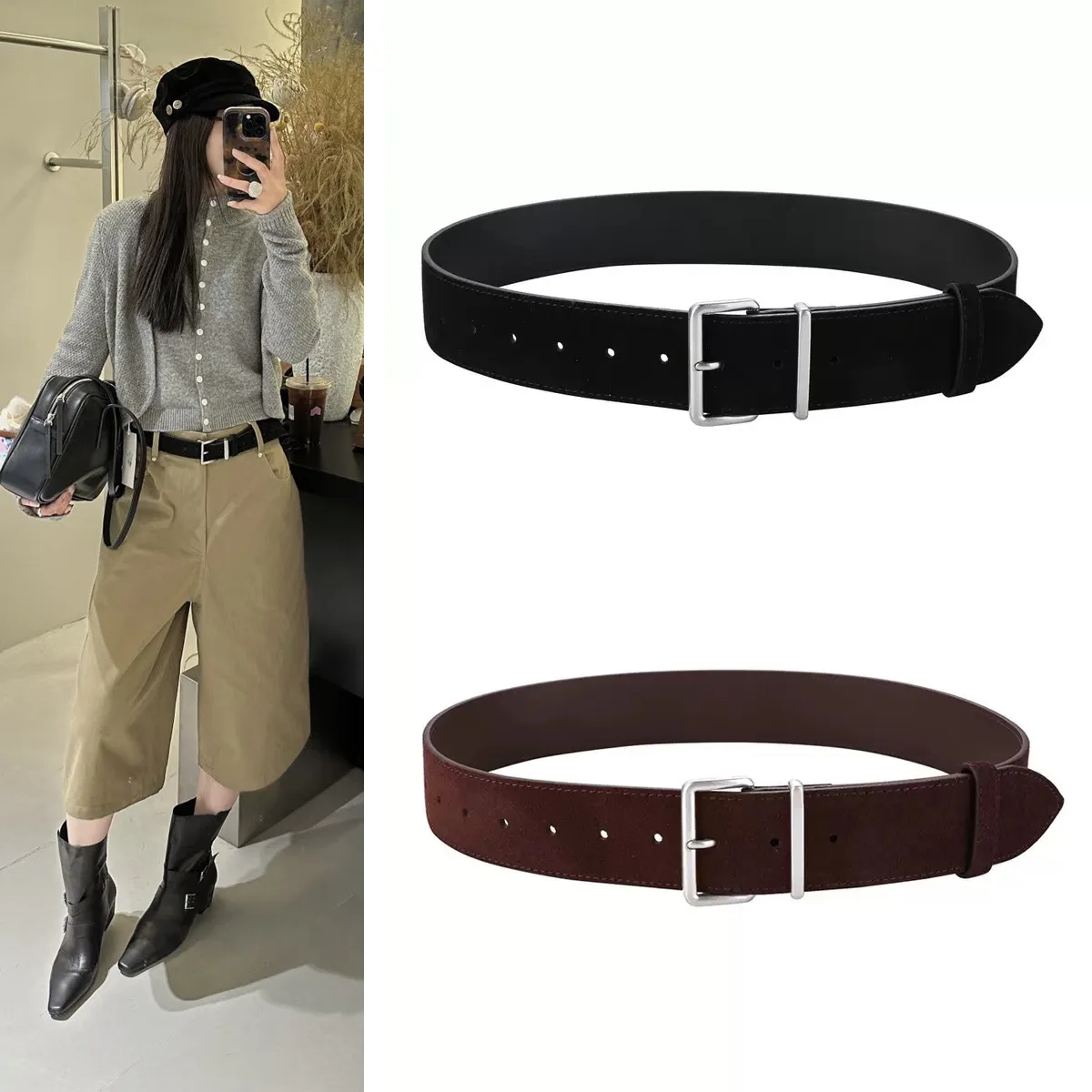 2026 Spring Luxury Wide Waistbands Real Leather Suede Silver Buckle Waist Belts Dress Coat Decoration Cowskin Ceinture Femme New