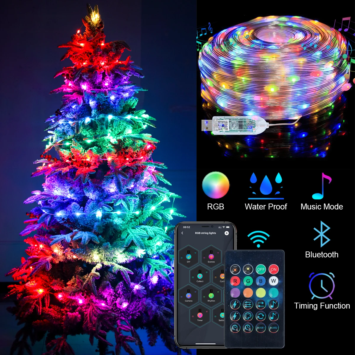 Christmas Tree Led Strip Light Bluetooth Remote Control Light Christmas Decoration for Home 2024 Navidad Xmas Gift New Year 2025