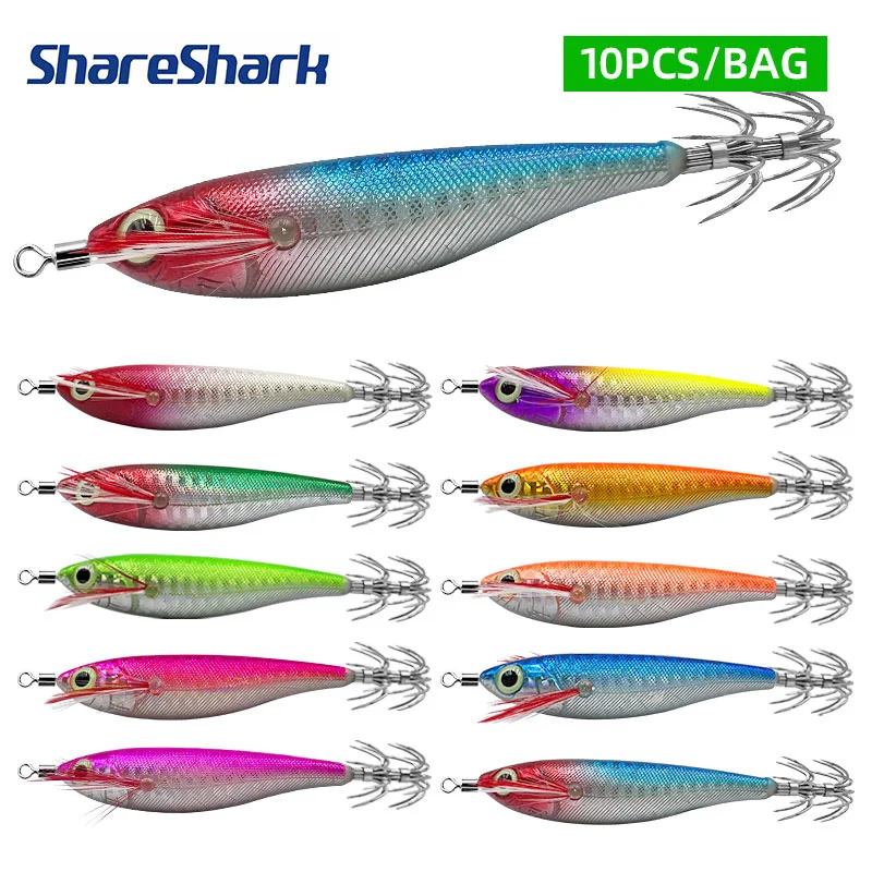 ShareShark 10 Farben 9g Leuchtender Holz-Garnelen-Köder Tintenfischhaken Kunstköder Sprühlack, Laser-Spray, Horizontale Garnelen
