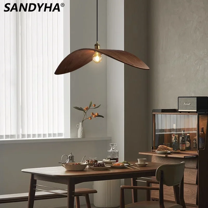 

SANDYHA Japanese Retro Ceiling Chandeliers Walnut Wood Hanging Lamps Creative Bedroom Living Room Dining Table Pendant Lights