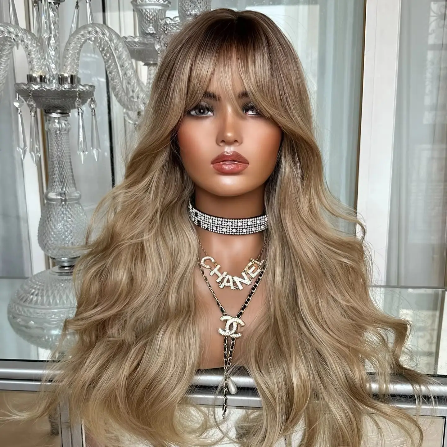 Long Synthetic Wig with Curtain Bangs New Style Fringe Wig Brown Honey Blonde Natural Wave Wig for European American Heat Safe