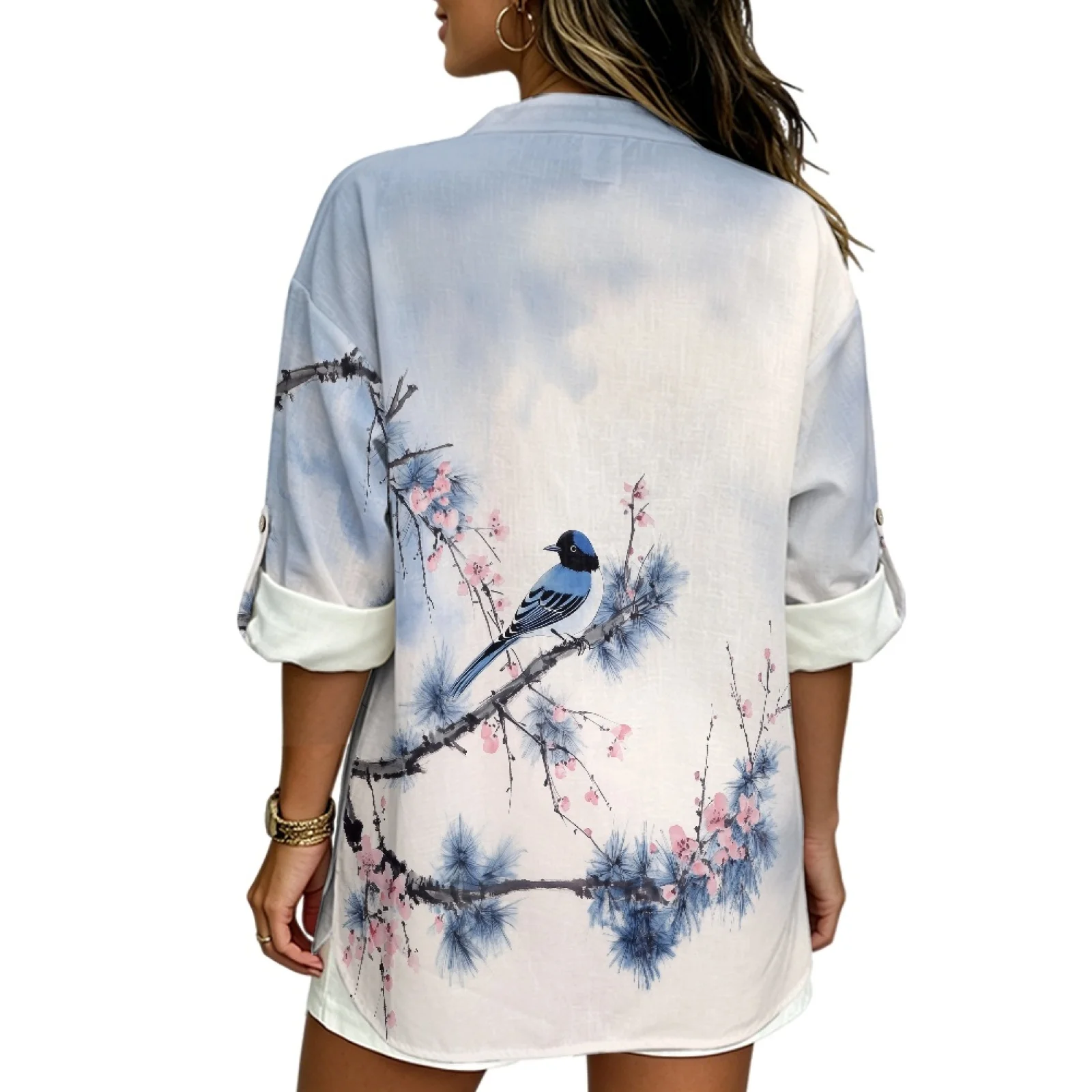 PENSTROLL Blue Bird Floral Linen Like Long Sleeve Ladies Tops for Beach Walks 3/4 Sleeve Casual Blouses V Neck Tops