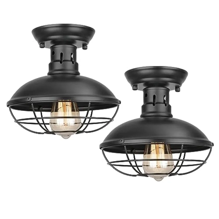

2 Pack Farmhouse Flush Mount Ceiling Light - Easric Industrial Ceiling Light Fixture Rustic Black Metal Cage Close to Ceiling L