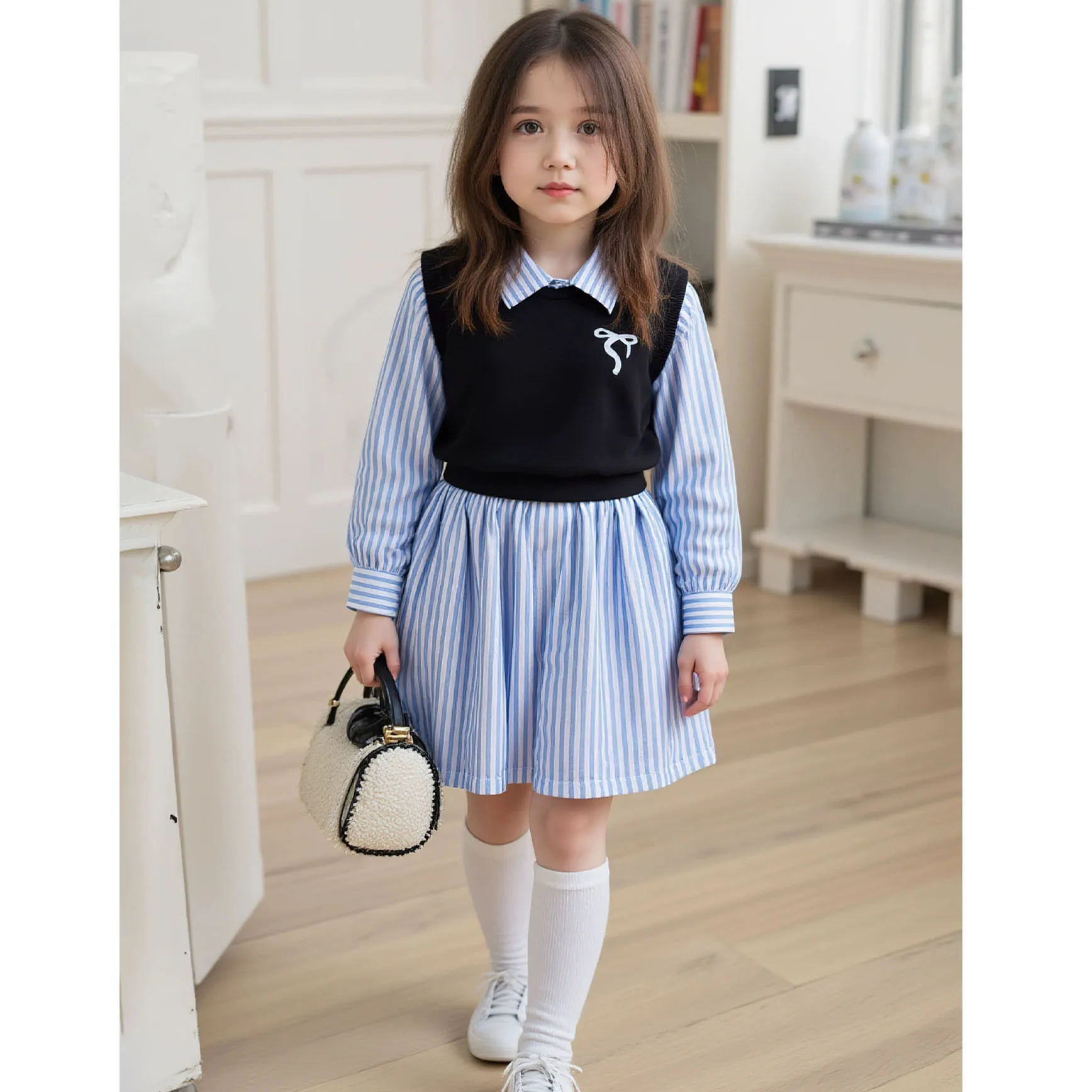 

Kids Girl Spring And Autumn Outfits Baby Girls Clothes Set Long Sleeve Shirt Dress +Vest Casual Wearing For Outdoor For 3-8 Year