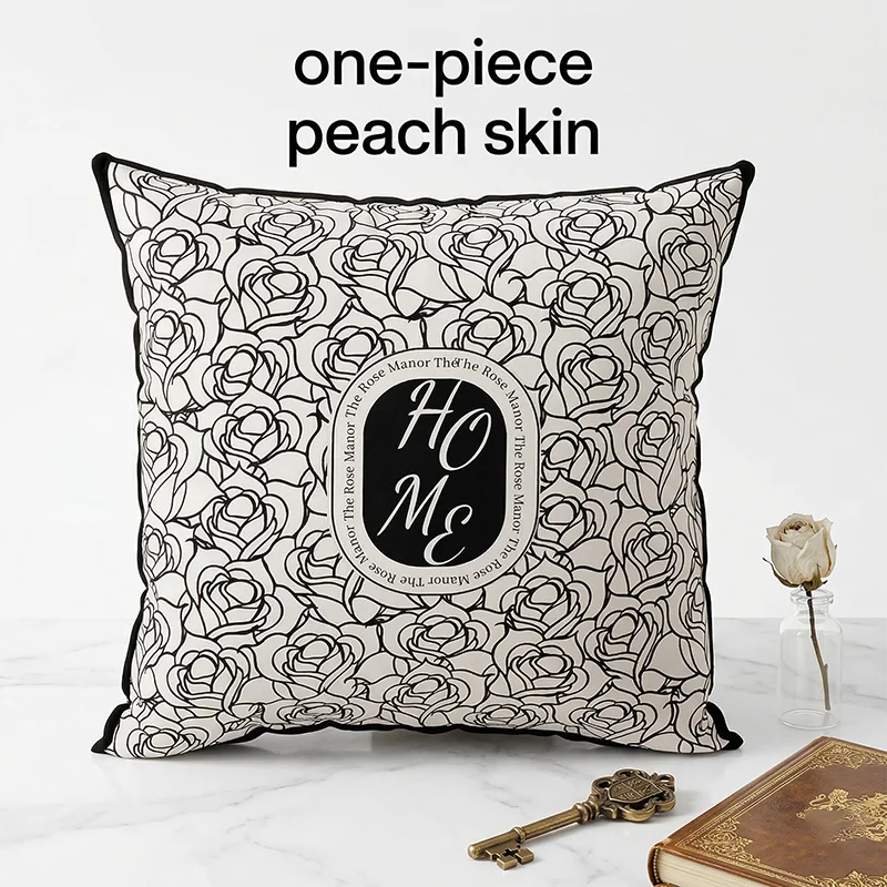 

Vintage Black White Line Rose Floral Cushion Cover Throw Pillowcase for Sofa Living Room Bed Home Decor Pillow Case Peach Skin