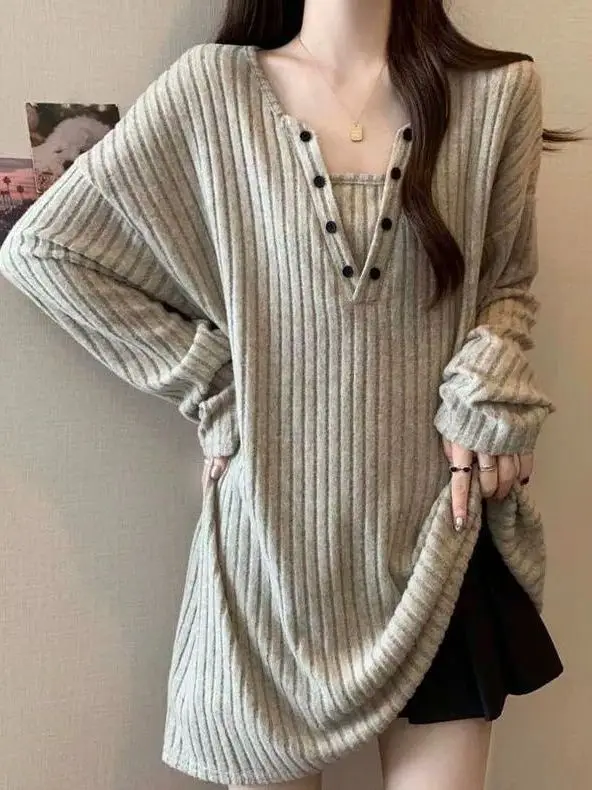 plus Size Lazy Casual Knitted Long Sve Women's Sweater Mid-Length V-Ne Pure Color Autumn Winter Faion Korean Sle